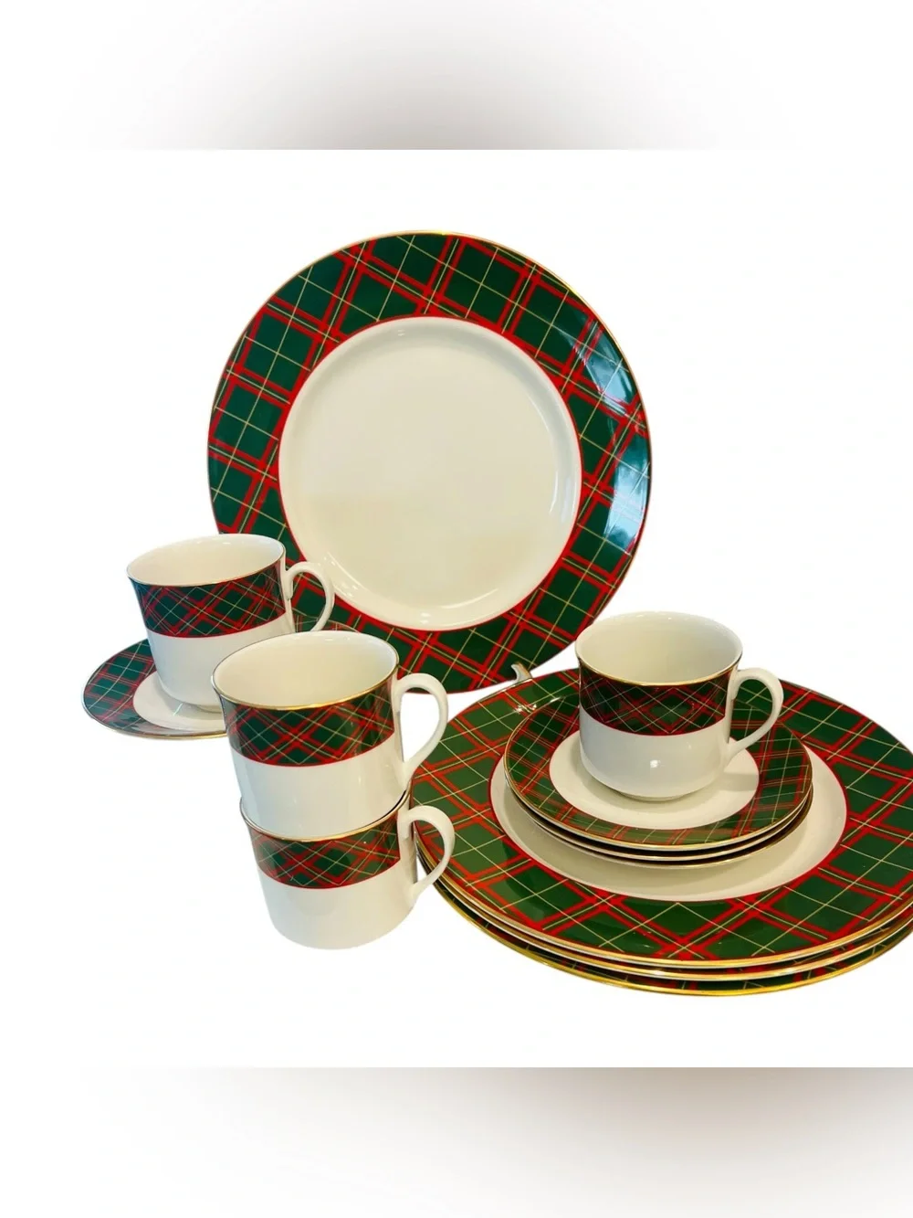 Royal Doulton Tartan TC1170 12 Pc Dinner Set Plaid Gold Rim England 1986